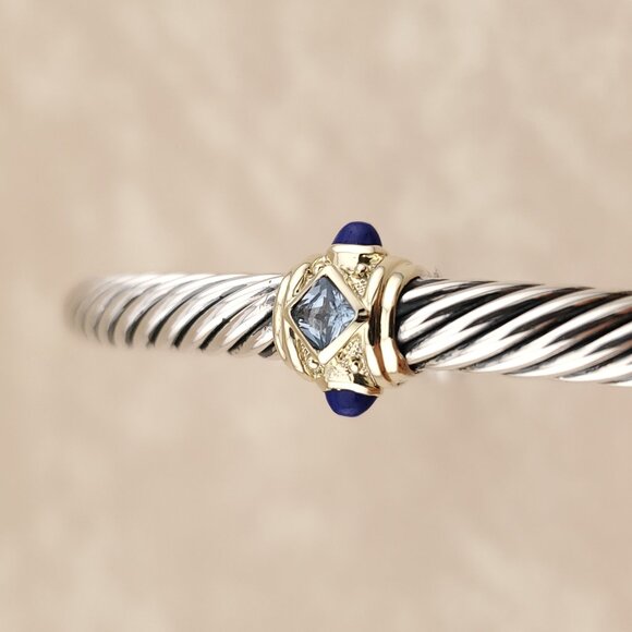 David Yurman Cable Bracelet in Sterling Silver  & 14K Gold w Blue Topaz & Lazuli - Picture 7 of 8